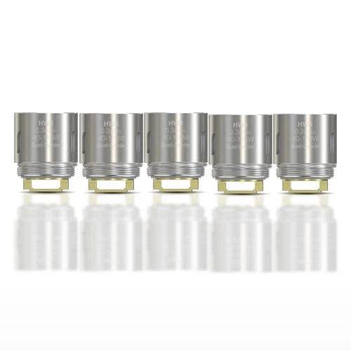 Cinco resistencias Eleaf HW4 de 0,3 Ω alineadas, con cuerpo plateado, rosca inferior y base dorada, sobre fondo blanco con reflejo.