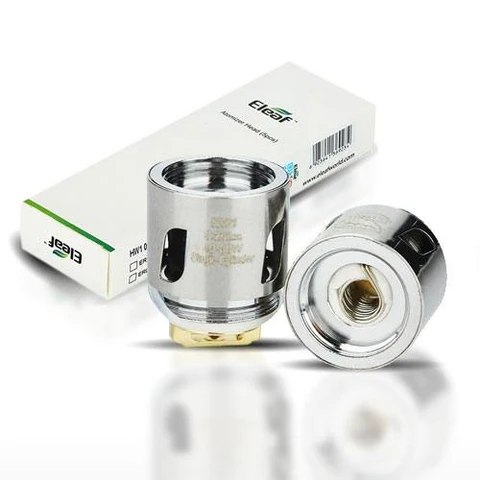 Dos resistencias Eleaf Ello Mini HW Cylinder Coil, una de pie y otra mostrando su base circular, delante de una caja blanca.