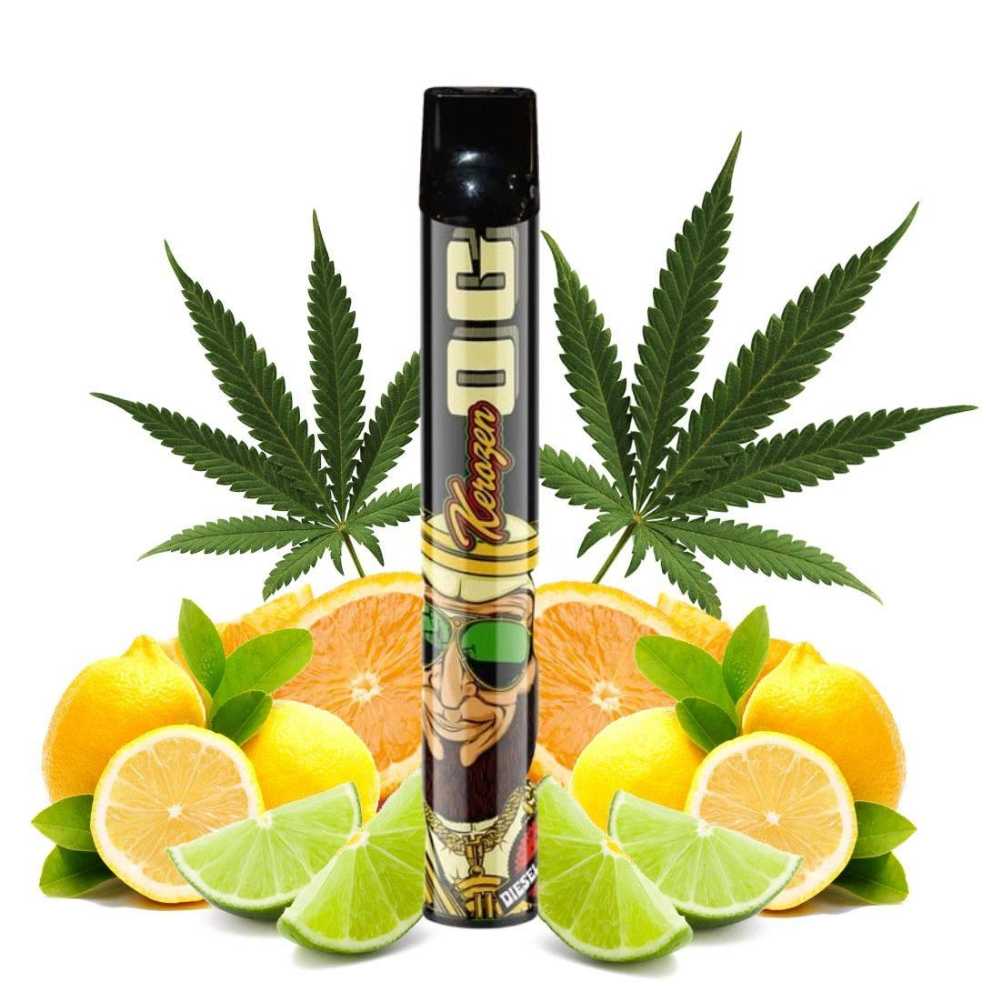 Vapeador Kerozen OG de Liquideo en posición vertical, con boquilla negra, rodeado de cítricos cortados y hojas de cannabis.