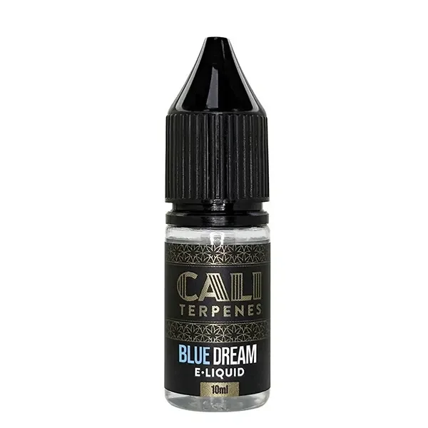 Frasco de E-Liquid Blue Dream Cali Terpenes de 10 ml, con tapón negro estriado y etiqueta negra con letras doradas, blancas y azules.