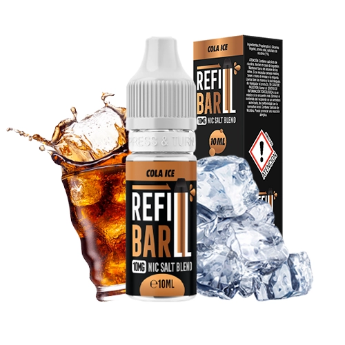 Frasco de Refill Bar Salts Cola Ice con tapón blanco y su caja, acompañados por un vaso de refresco de cola y cubitos de hielo.