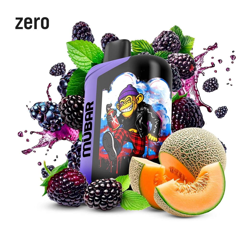 Vaper Mübar negro y morado con dibujo de un mono, rodeado de moras, melón y hojas verdes, con el texto «zero».