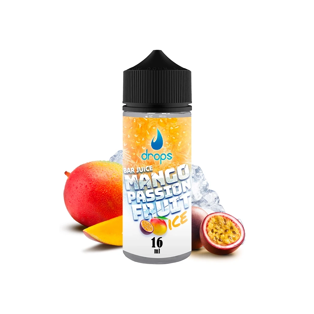 Bote Drops Bar Juice Mango Passion Fruit Ice con tapón negro y etiqueta de 16 ml, rodeado de mango, maracuyá y hielo.