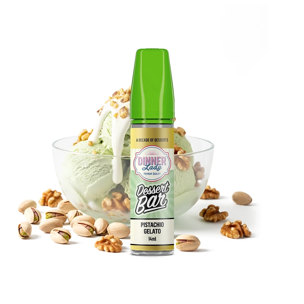Frasco Dinner Lady Dessert Bar Pistachio Gelato de 14 ml con tapón verde, ante una copa de helado, pistachos y nueces.