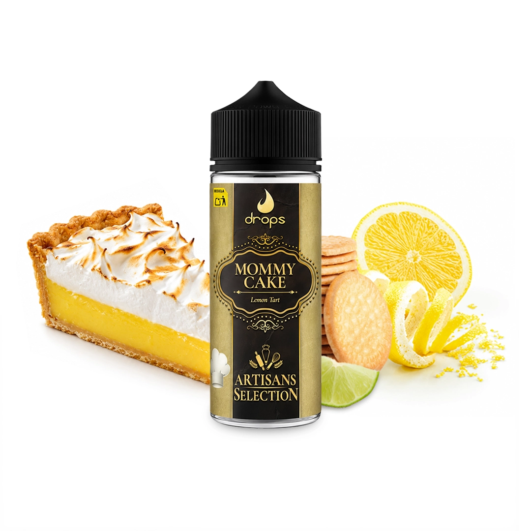 Frasco Drops Artisans Selection Mommy Cake con tapón negro y etiqueta dorada, junto a tarta de limón, galletas y cítricos.