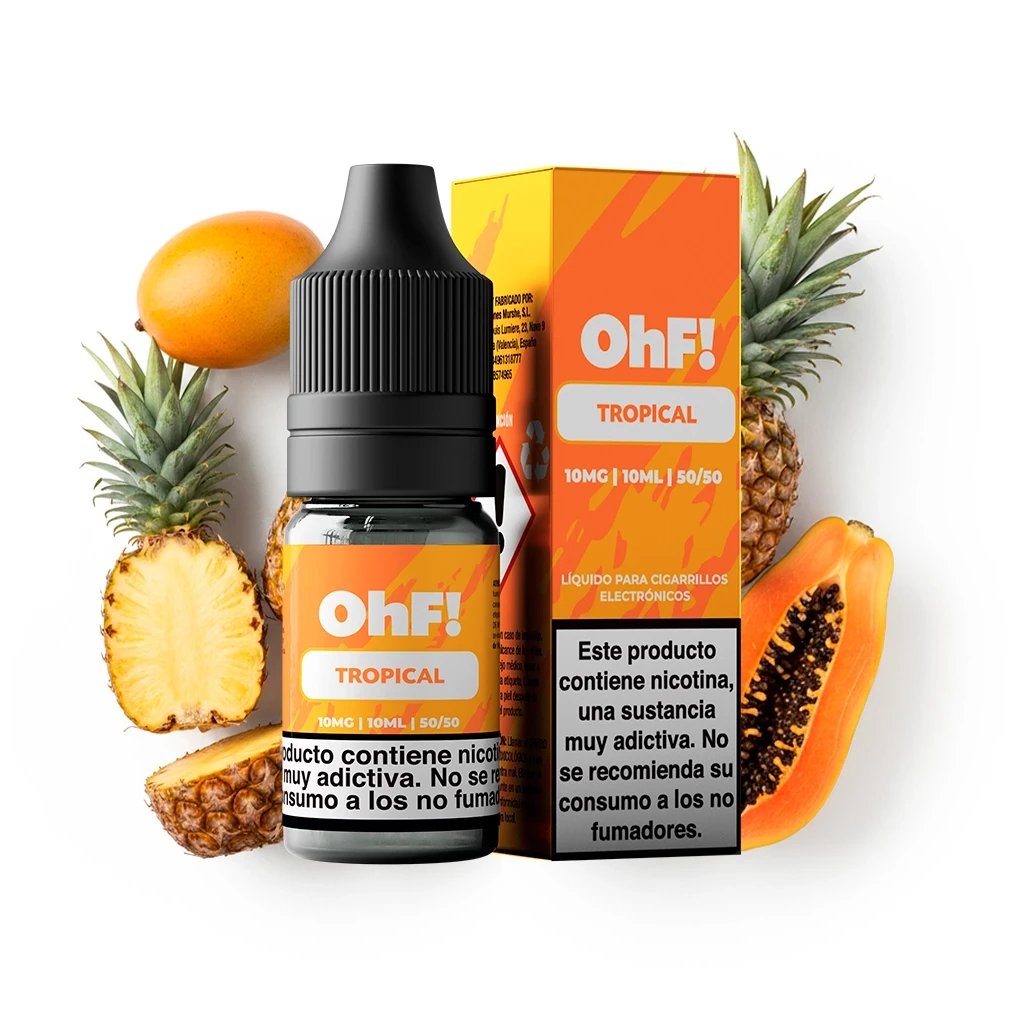 Frasco de OhF! Tropical con tapón negro y caja naranja, rodeado de piña, papaya y una fruta anaranjada; envase con advertencia sobre nicotina.
