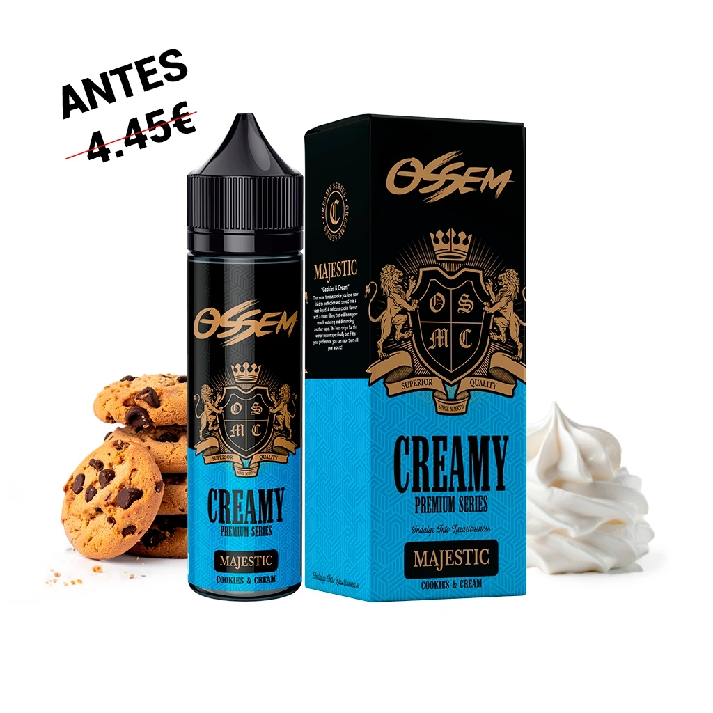Frasco y caja de Ossem Majestic Cookies & Cream en negro, dorado y azul, junto a galletas con pepitas de chocolate y un remolino de crema blanca.