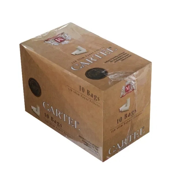 Caja marrón de filtros Cartel Slim, vista en perspectiva, con la inscripción «10 Bags» y dibujos de filtros blancos.