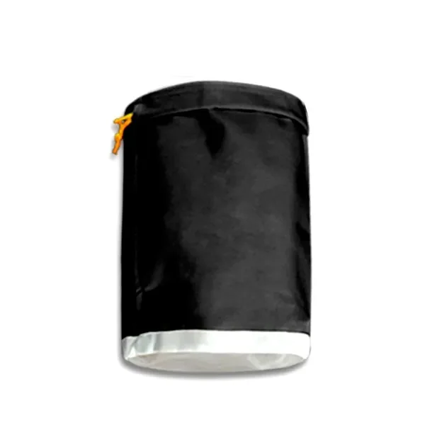 Bolsa BubbleBag negra, mostrada de frente sobre fondo blanco, con borde superior plegado, cordón amarillo y franja inferior plateada.
