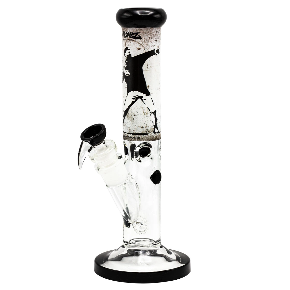 Bong de cristal transparente con tubo recto, ilustración en blanco y negro, boquilla y base negras y cazoleta lateral inclinada.