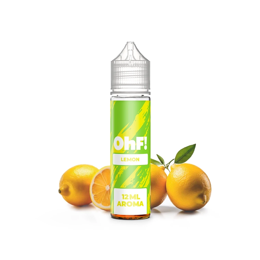 Frasco OhF! Lemon Longfill con etiqueta verde y amarilla, texto «12ML AROMA» y tapón transparente, rodeado de limones.