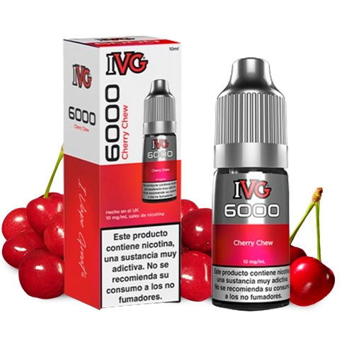 Frasco y caja de IVG 6000 Cherry Chew, con etiquetas rojas y negras, rodeados de cerezas sobre fondo blanco.