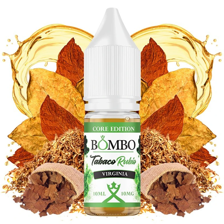 Frasco de Tabaco Rubio Virginia Bombo Core Edition con tapón blanco, rodeado de hojas, tabaco picado y salpicaduras doradas.