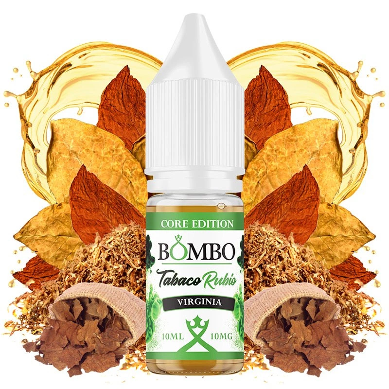 Frasco de Tabaco Rubio Virginia Bombo Core Edition con tapón blanco, rodeado de hojas, tabaco picado y salpicaduras doradas.