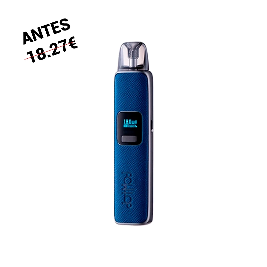 Dotmod DotPod Pro azul en posición vertical, con boquilla translúcida, pequeña pantalla frontal y botón rectangular sobre fondo blanco.