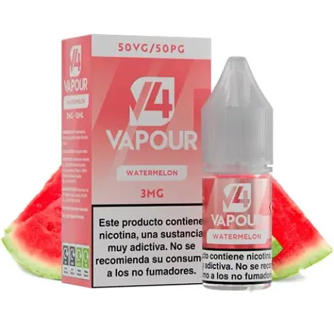 Caja y frasco V4 Vapour Watermelon con etiqueta rosa, indicaciones 3MG y 50VG/50PG, advertencia de nicotina y rodajas de sandía detrás.
