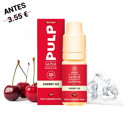 Frasco y caja roja de Pulp Le Pod Salts Frozen Cherry, con texto Cherry Ice, junto a cerezas y cubitos de hielo.