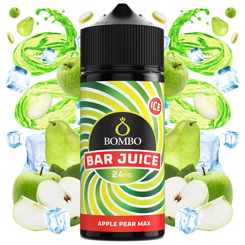 Bote de aroma Apple Pear Max Ice de Bombo Bar Juice con etiqueta verde y amarilla, rodeado de manzanas, peras y cubitos de hielo.
