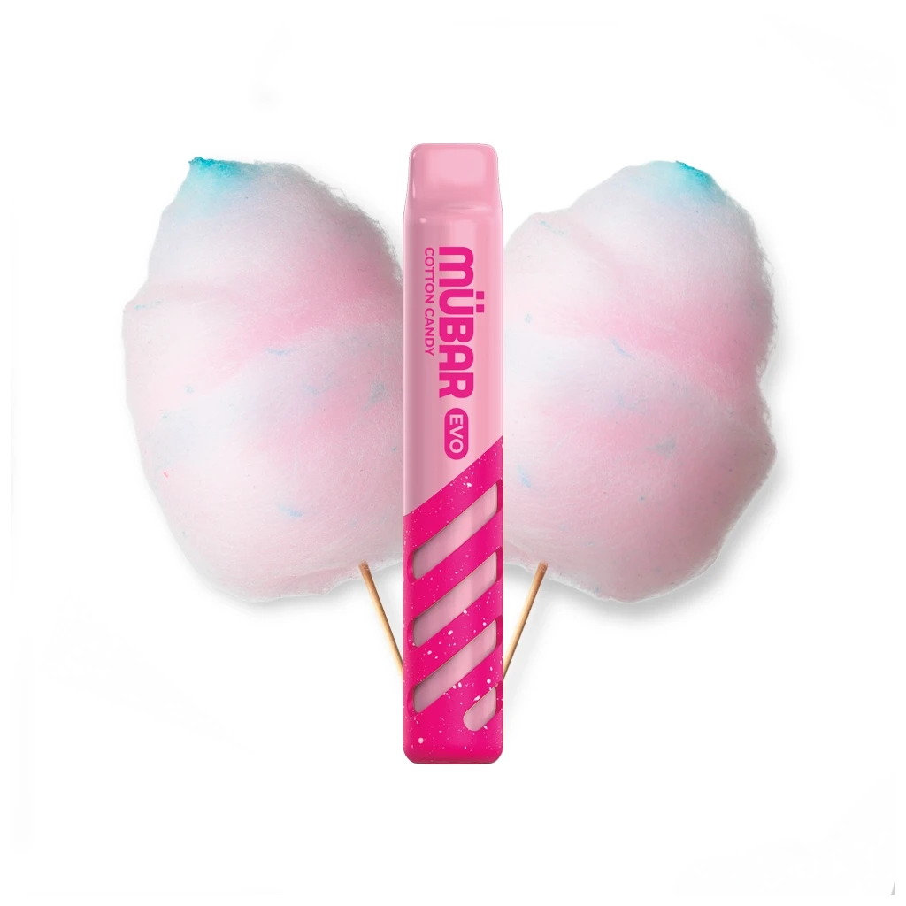 Vaper Mübar Evo Cotton Candy rosa con franjas fucsias, situado entre dos algodones de azúcar rosas con toques azules.