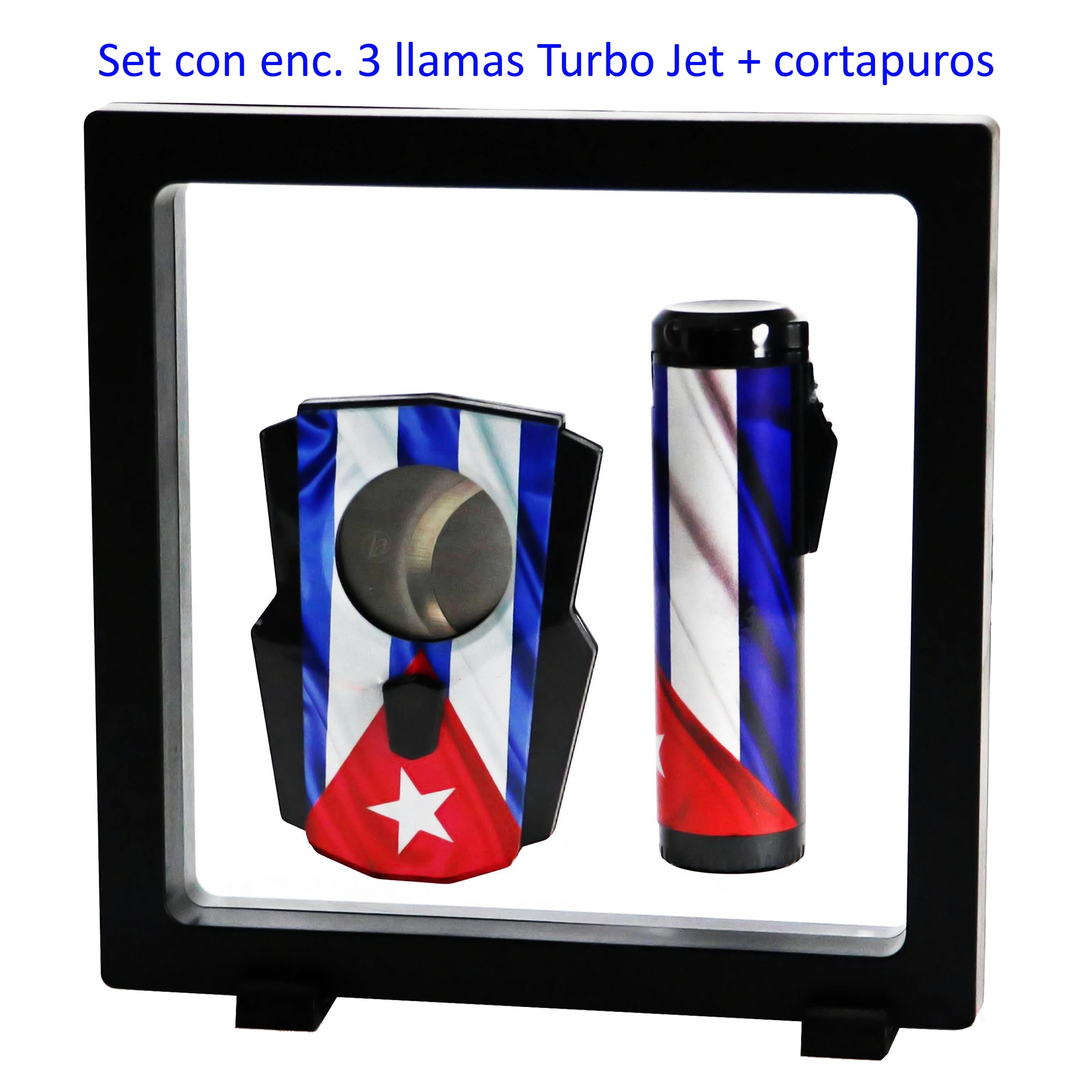 Encendedor y cortapuros con diseño de la bandera cubana, presentados uno junto al otro dentro de un marco negro con ventana transparente.