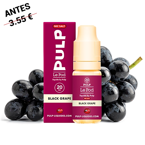 Frasco de Pulp Le Pod Salts Black Grape con tapón amarillo junto a su caja granate y racimos de uvas negras sobre fondo blanco.