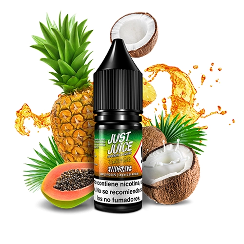 Bote negro de Just Juice Exotic Fruits Nic Salts rodeado de una piña, papaya abierta, mitades de coco y salpicaduras anaranjadas.