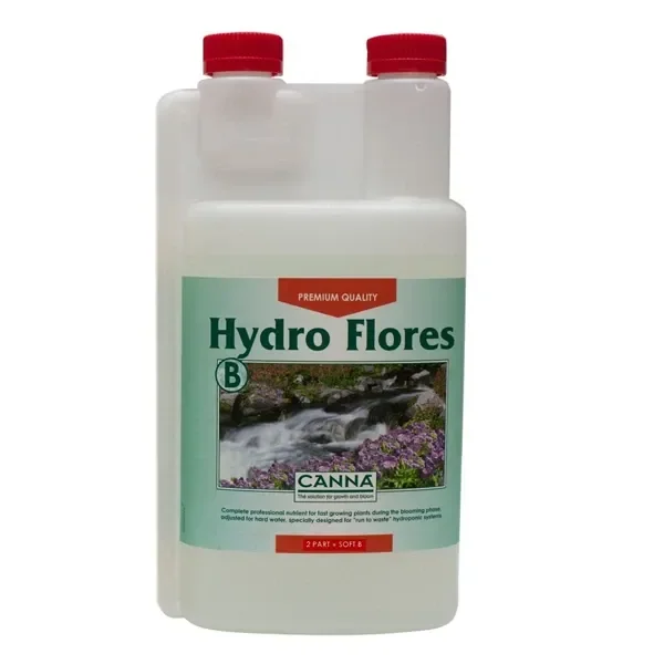 Envase blanco de CANNA Hydro Flores B con dos tapones rojos y etiqueta verde con una fotografía de un arroyo. Envase blanco de CANNA Hydro Flores B con dos tapones rojos y etiqueta verde con una fotografía de un arroyo.