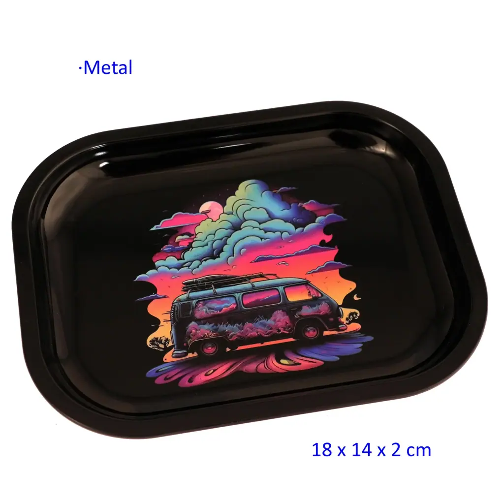Bandeja negra para liar de 18 × 14 cm, con bordes elevados y una ilustración de furgoneta entre nubes multicolores.