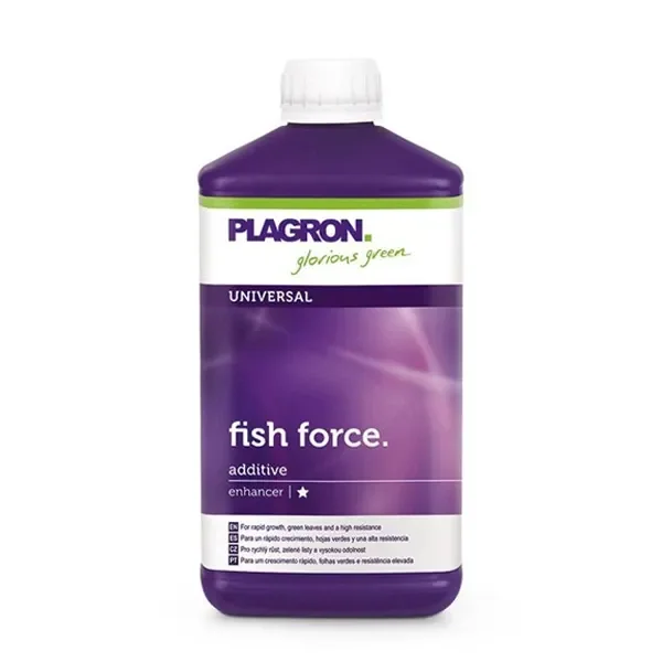 Botella morada de Fish Force de Plagron con tapón blanco y etiqueta frontal en tonos morados, sobre fondo blanco. Botella morada de Fish Force de Plagron con tapón blanco y etiqueta frontal en tonos morados, sobre fondo blanco.