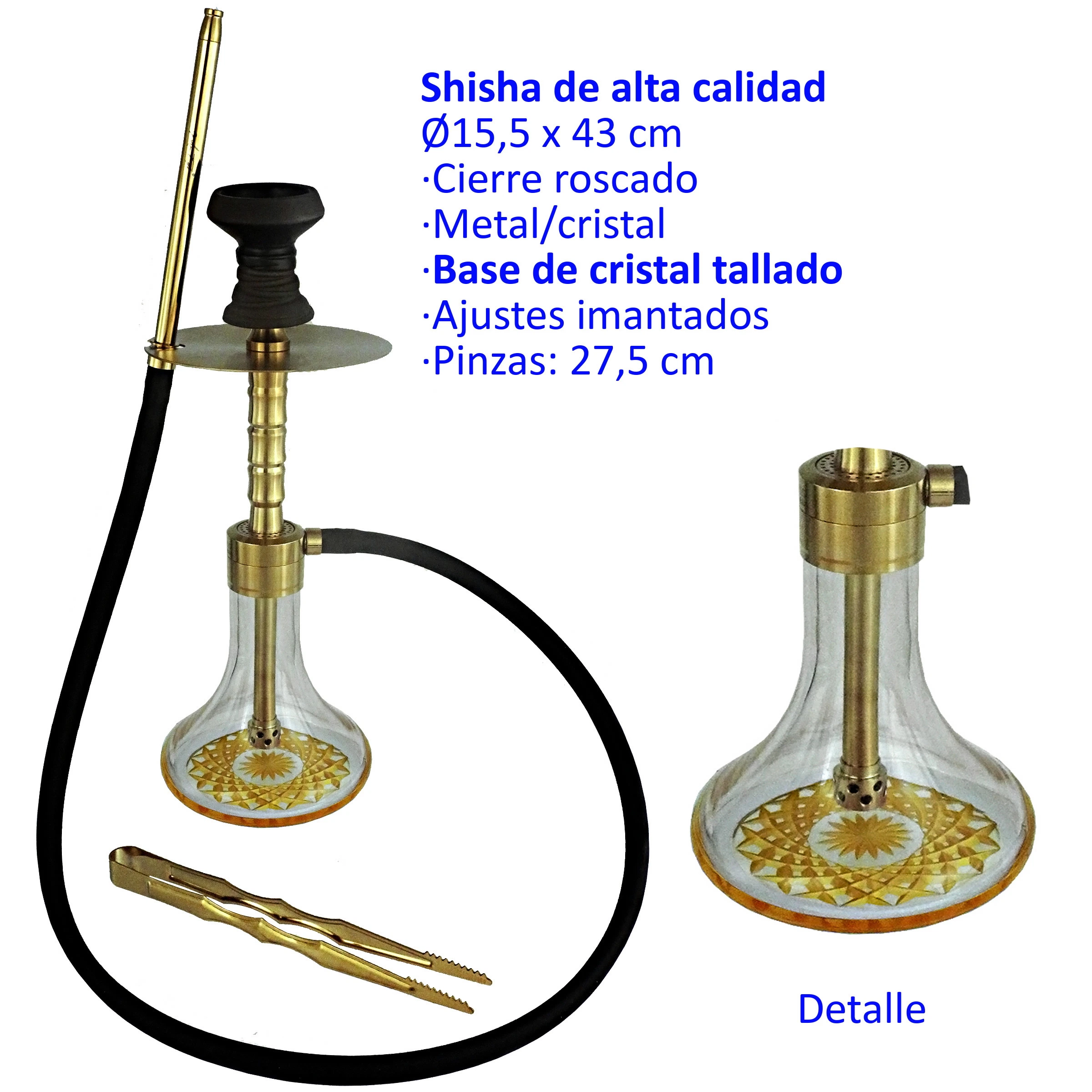 Shisha dorada con base de cristal tallado, manguera negra, boquilla larga y pinzas, junto a un detalle ampliado de la base.