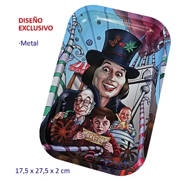 Bandeja para liar TG de bordes elevados y esquinas redondeadas, con una ilustración multicolor de personajes en una fábrica de chocolate.