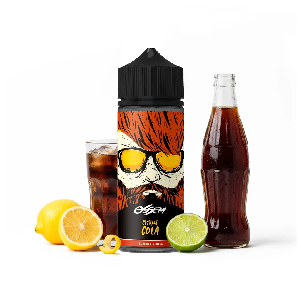Bote Ossem Citrus Cola con tapón negro y rostro ilustrado, junto a una botella de refresco oscuro, un vaso con hielo, limón y media lima.