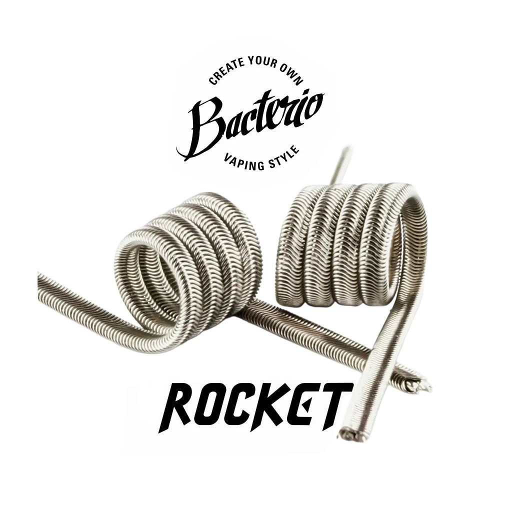 Resistencias Bacterio Coils Rocket de alambre enrollado con textura estriada y extremos largos, bajo el logotipo de la marca.