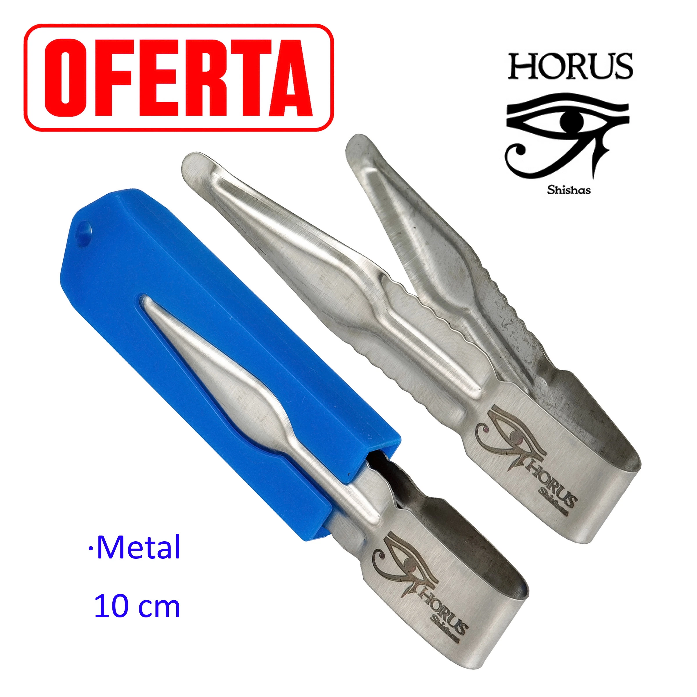 Pinza metálica Horus Shishas mostrada abierta y cerrada con funda azul, sobre fondo blanco.