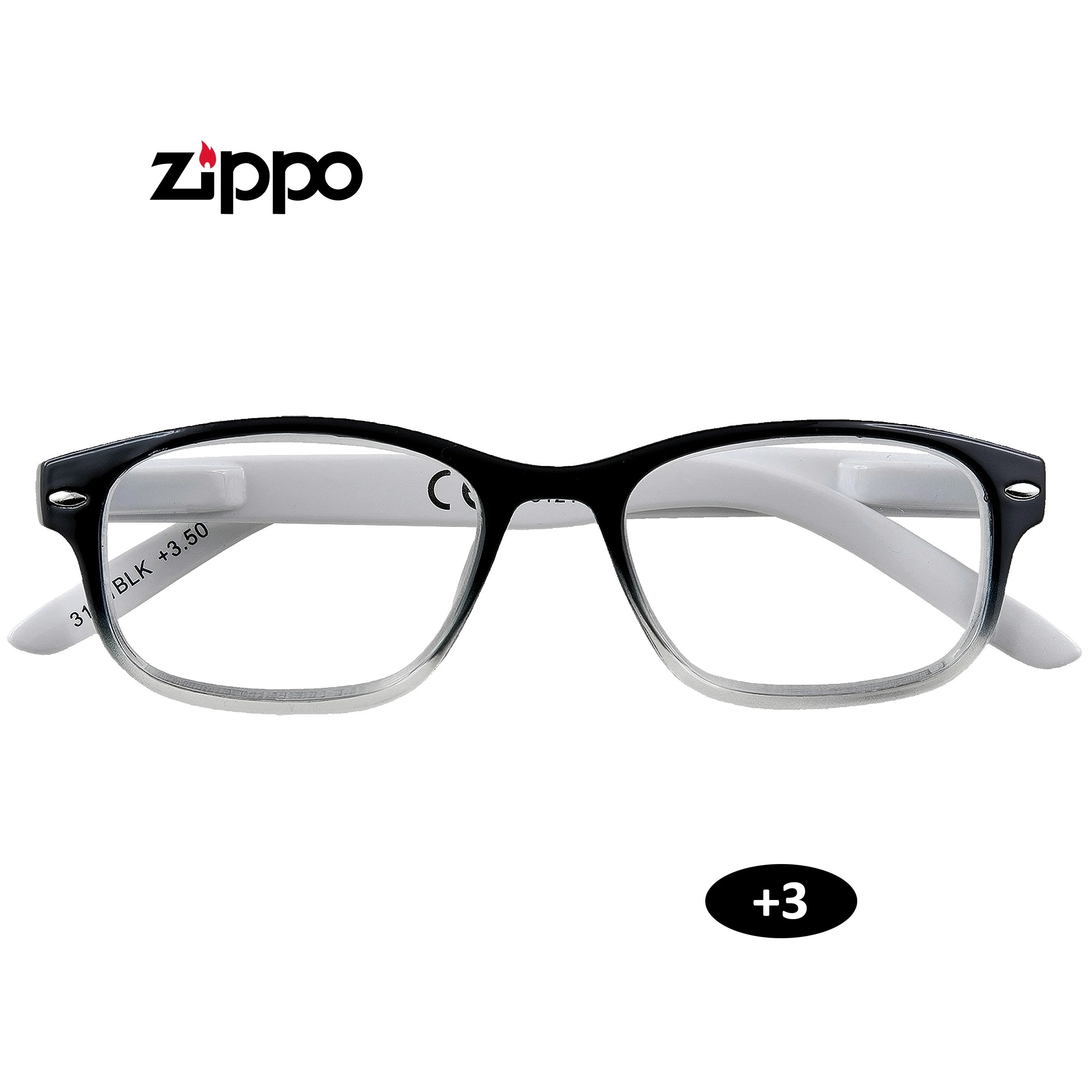 Gafas de lectura Zippo de frente, con montura rectangular negra degradada a transparente y patillas blancas; distintivo +3.