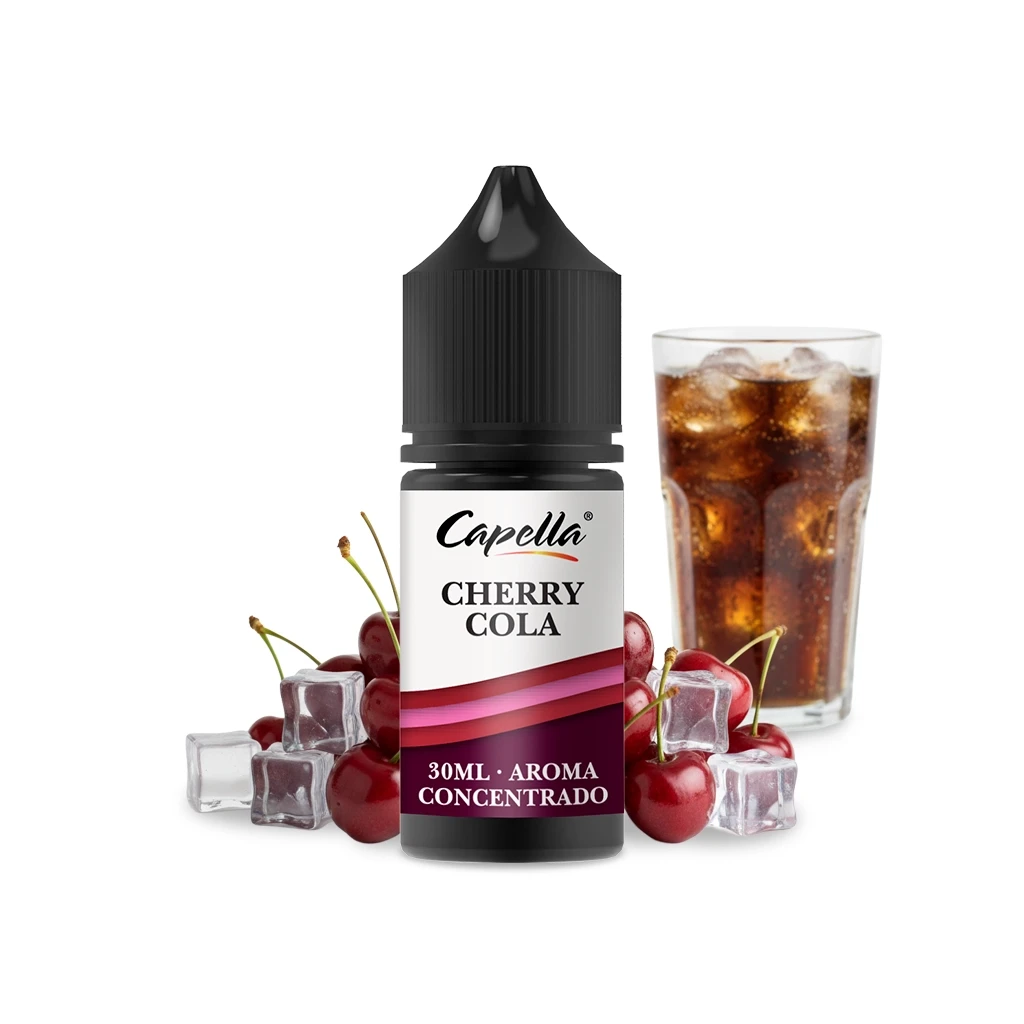 Frasco de aroma Capella Cherry Cola de 30 ml con tapón negro, rodeado de cerezas y cubitos de hielo junto a un vaso de refresco oscuro.