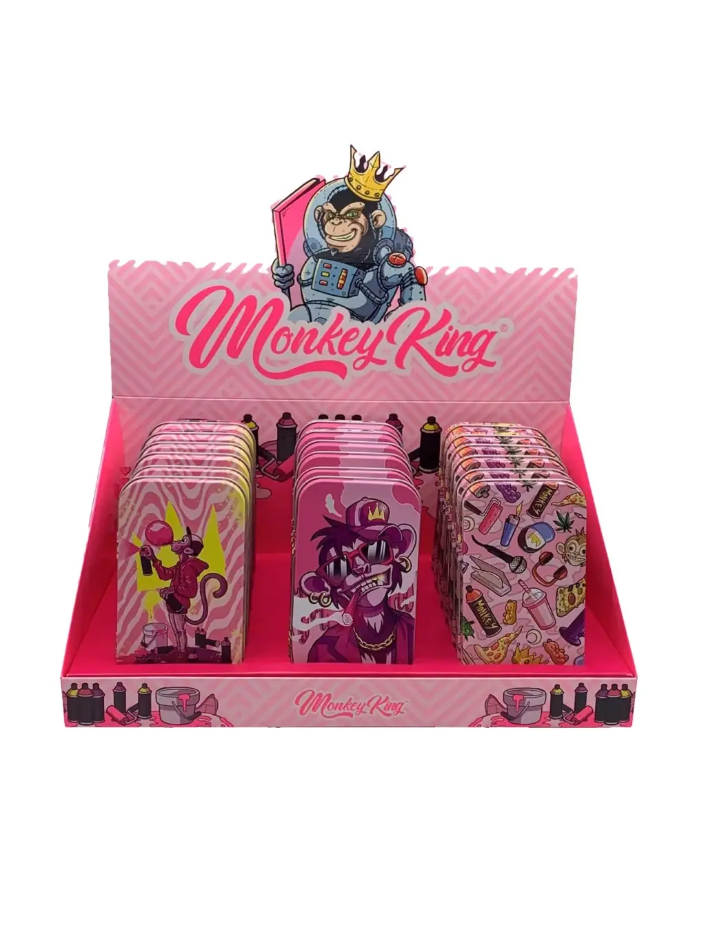 Expositor rosa de Monkey King con cajas rectangulares de esquinas redondeadas y varios diseños de monos y objetos ilustrados.
