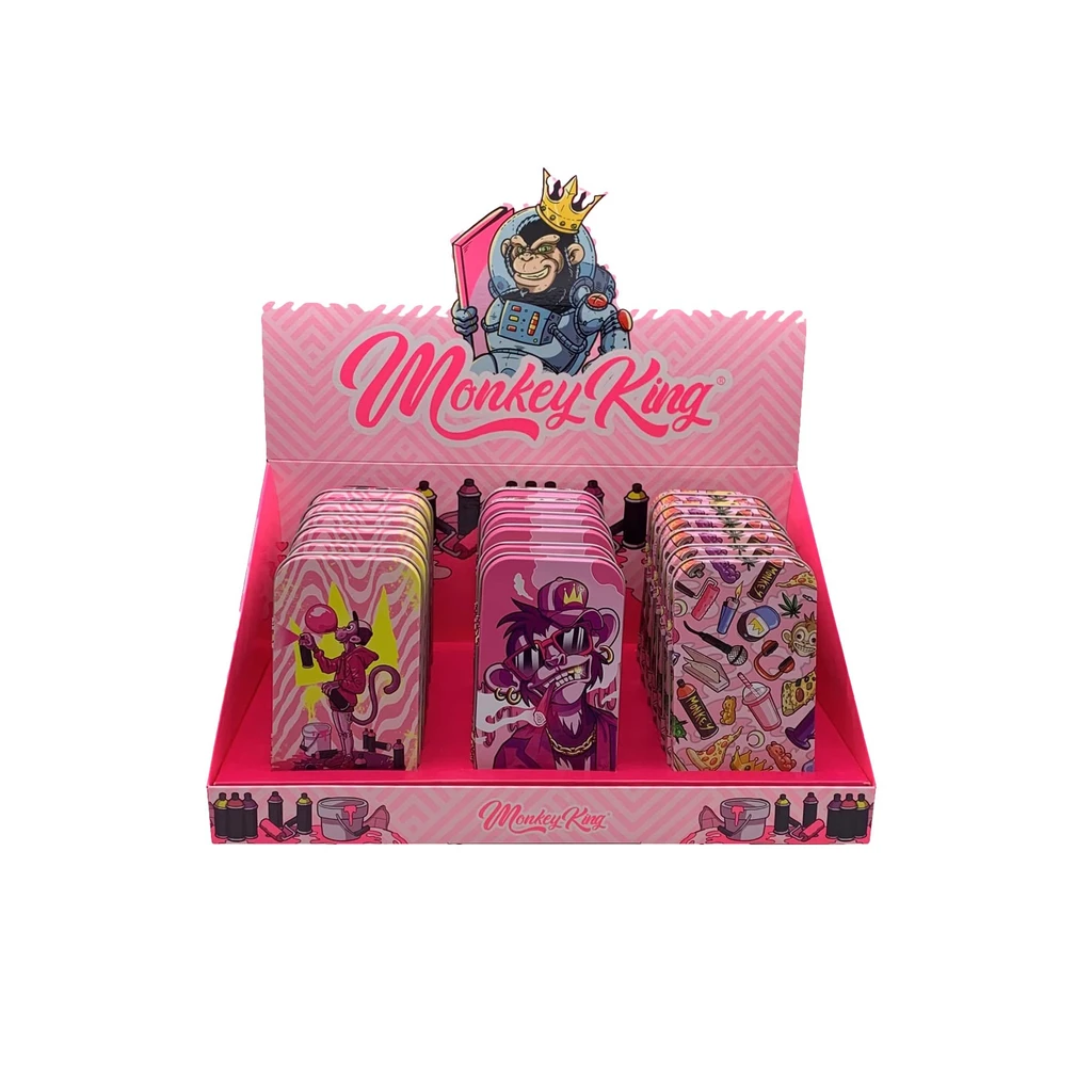 Expositor rosa de Monkey King con cajas rectangulares de esquinas redondeadas y varios diseños de monos y objetos ilustrados.