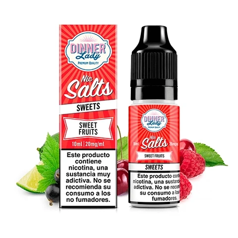 Frasco y caja rojos de Dinner Lady Sweet Fruits Nic Salt, con tapón negro, texto de 10 ml y 20 mg/ml y frutas alrededor.
