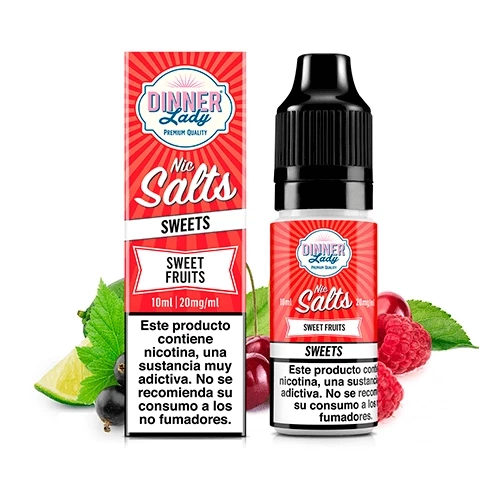 Frasco y caja rojos de Dinner Lady Sweet Fruits Nic Salt, con tapón negro, texto de 10 ml y 20 mg/ml y frutas alrededor.