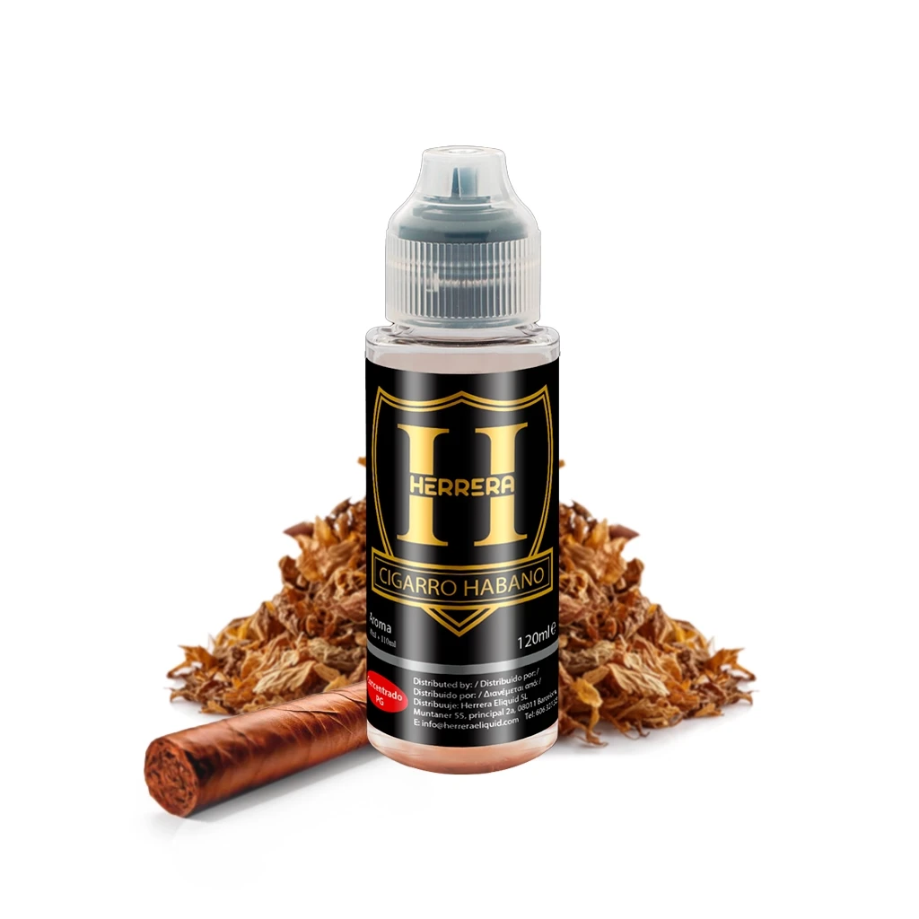 Botella de Herrera Cigarro Habano de 120 ml con etiqueta negra y dorada, junto a un puro y hojas de tabaco sobre fondo blanco.