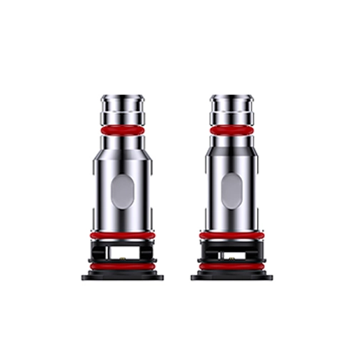 Dos resistencias Uwell Crown X Coil en paralelo, con cuerpo plateado, juntas rojas, base negra y aberturas laterales ovaladas.