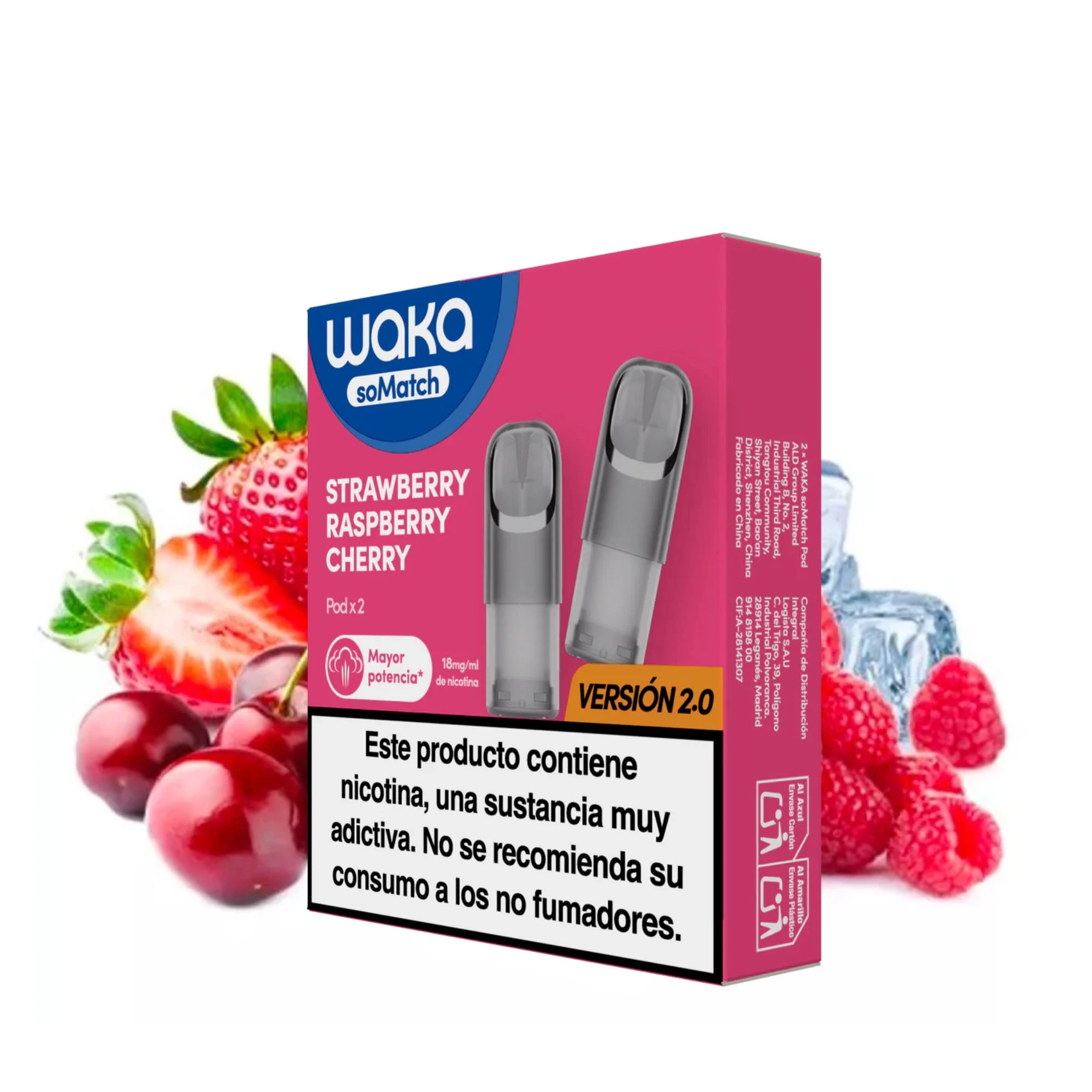 Caja rosa Waka soMatch Strawberry Raspberry Cherry de 18 mg/ml, con dos pods ilustrados y advertencia de nicotina, rodeada de frutas.