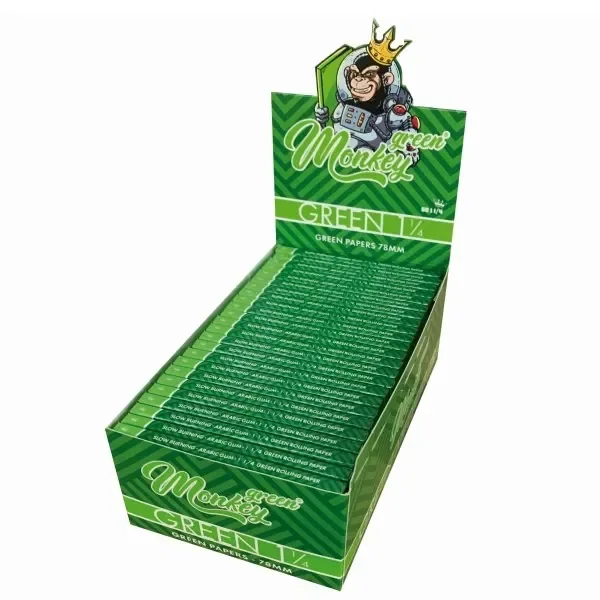 Expositor verde de papel de liar Monkey King Green 1 1/4, con varios libritos y un mono coronado en la cabecera.