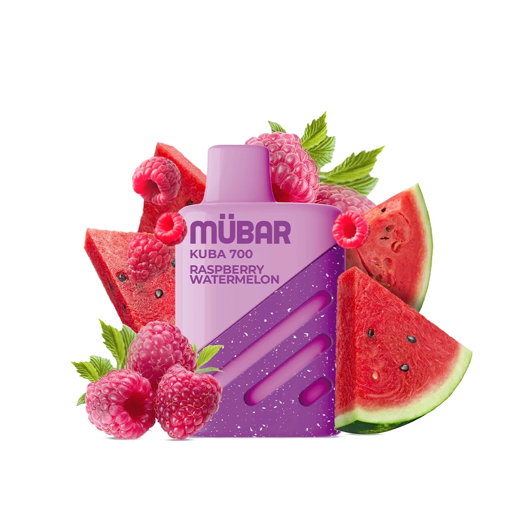 Vaper Mübar Kuba 700 Raspberry Watermelon rosa y morado, rodeado de frambuesas, hojas verdes y rodajas de sandía.