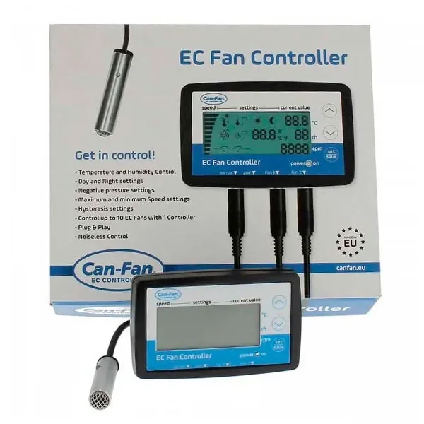 Controlador LCD Can-Fan para extractores EC, con pantalla, botones laterales y sonda conectada, delante de su caja.