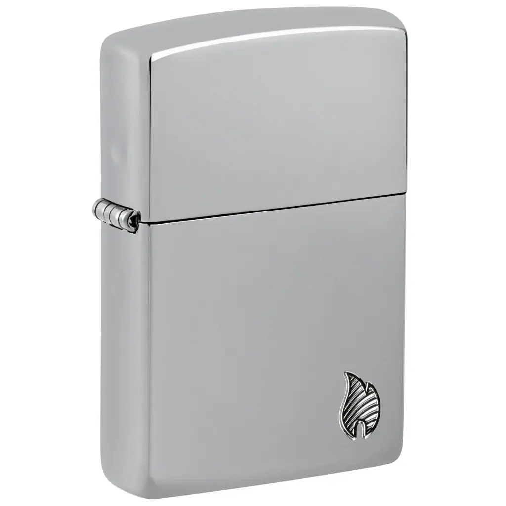 Encendedor Zippo 167 Armor High Polish Chrome cerrado, de acabado plateado brillante, con bisagra lateral y emblema de llama.