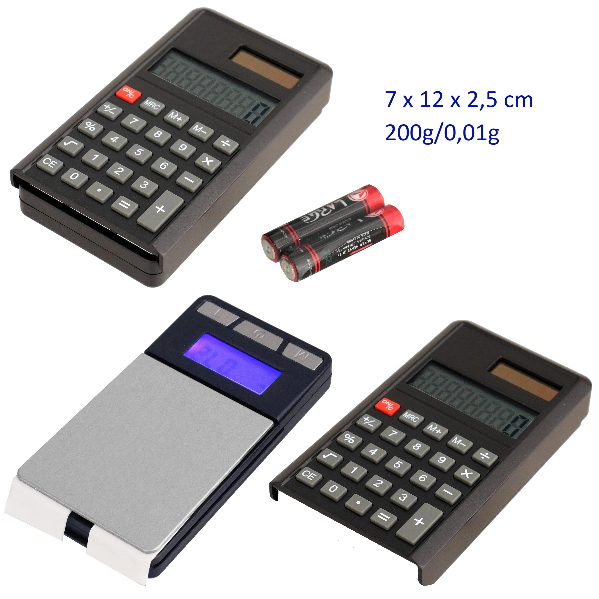 Báscula digital de 200 g y precisión de 0,01 g, mostrada con cubierta de calculadora y abierta, con plataforma y pantalla azul.