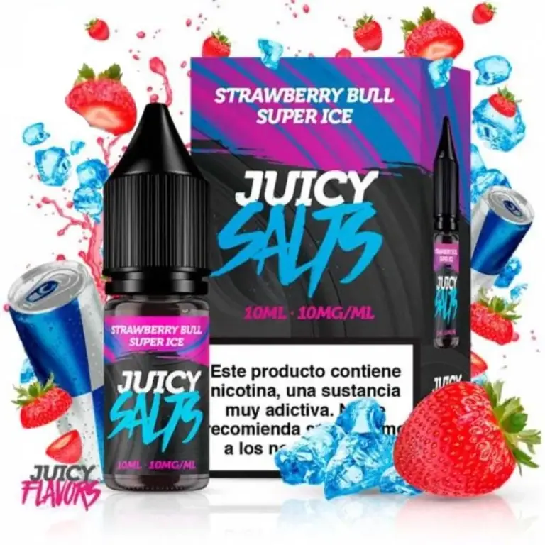 Bote y caja de Strawberry Bull Super Ice de Juicy Salts, con texto 10 ml y 10 mg/ml, rodeados de fresas, hielo y latas azules.