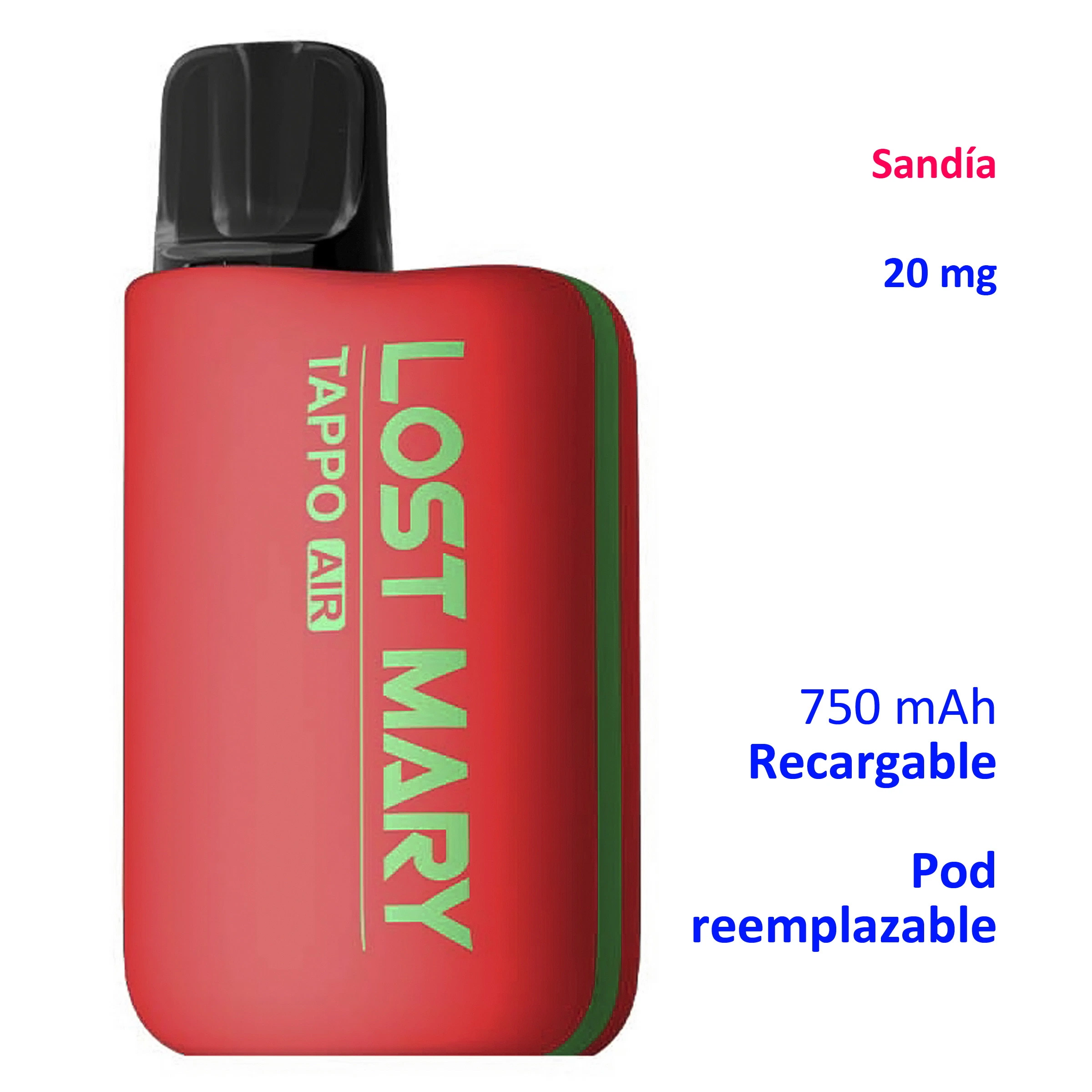 Lost Mary TAPPO Air rojo con detalles verdes y boquilla negra; texto de sandía, 20 mg, batería de 750 mAh y pod reemplazable.